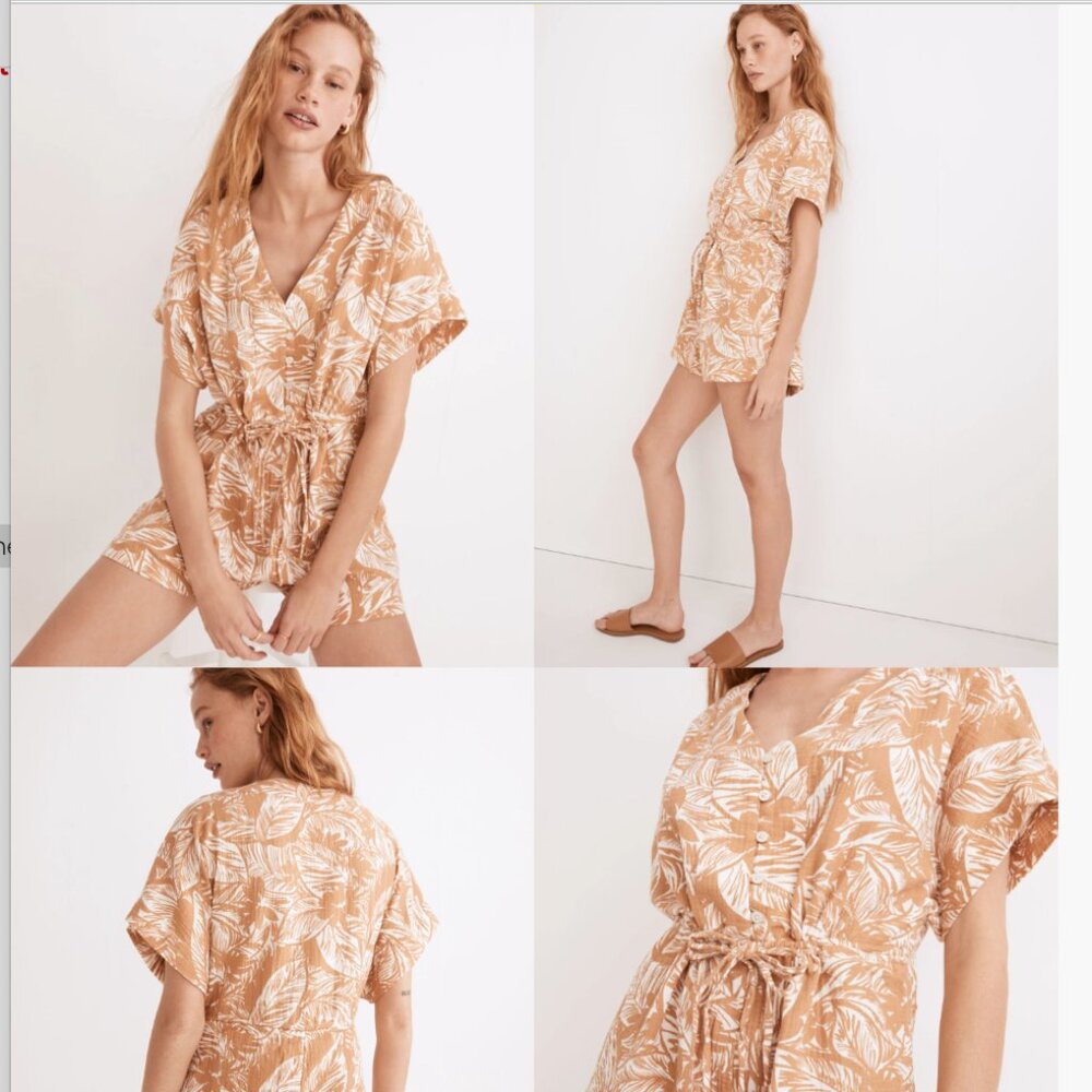 Madewell Lightestspun Drawstring Cover-Up Romper in Palm Leaves Women's Medium